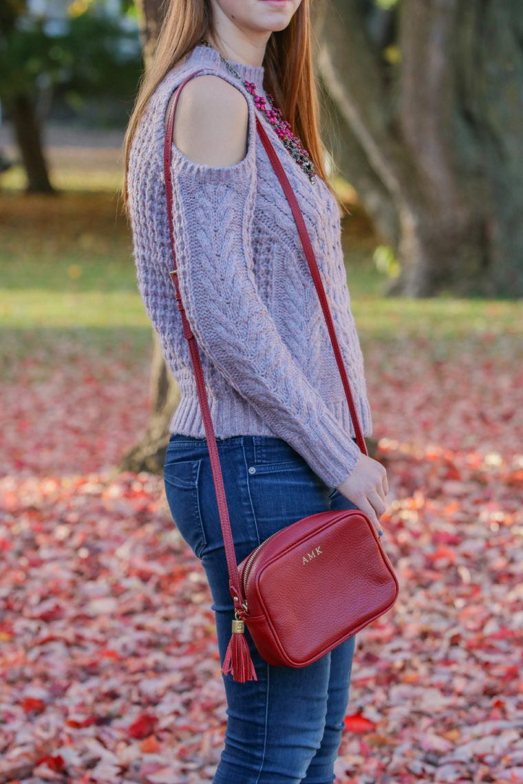 purple sweater, GiGi New York bag, red bag, fall outfit