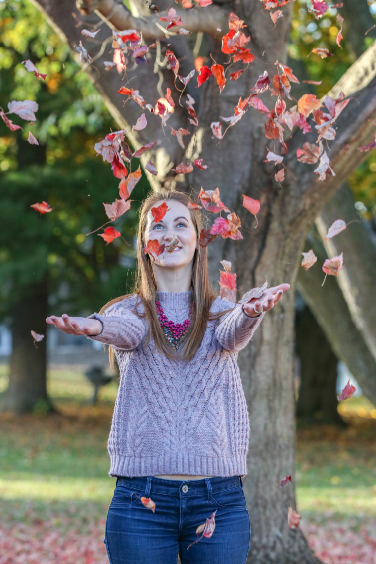 purple sweater, fall, red leaves 