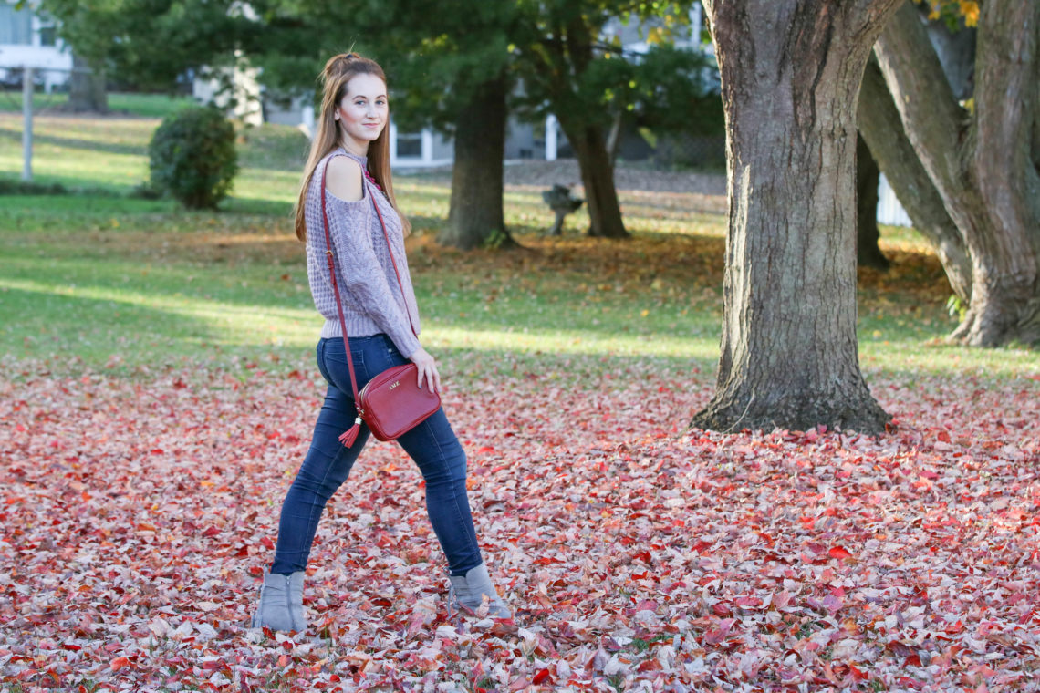 red leaves, purple cold shoulder sweater, Express sweater, grey booties