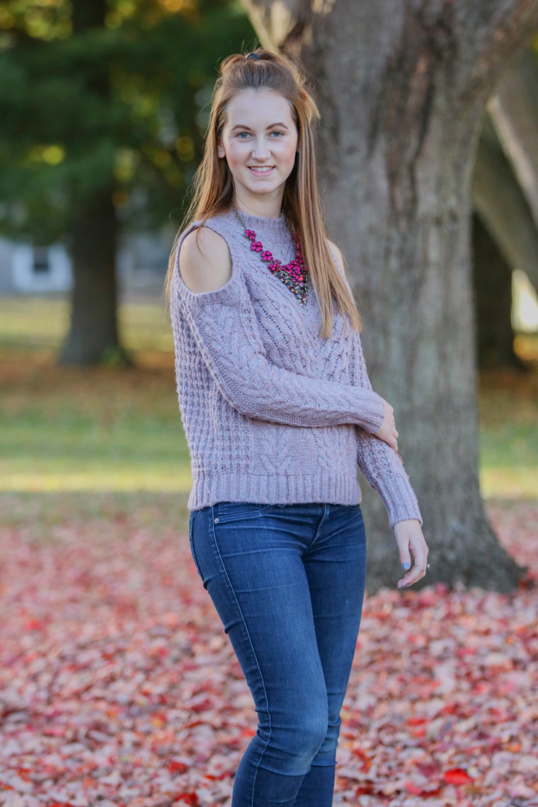 cold shoulder sweater, Express sweater, fall outfit, statement necklace