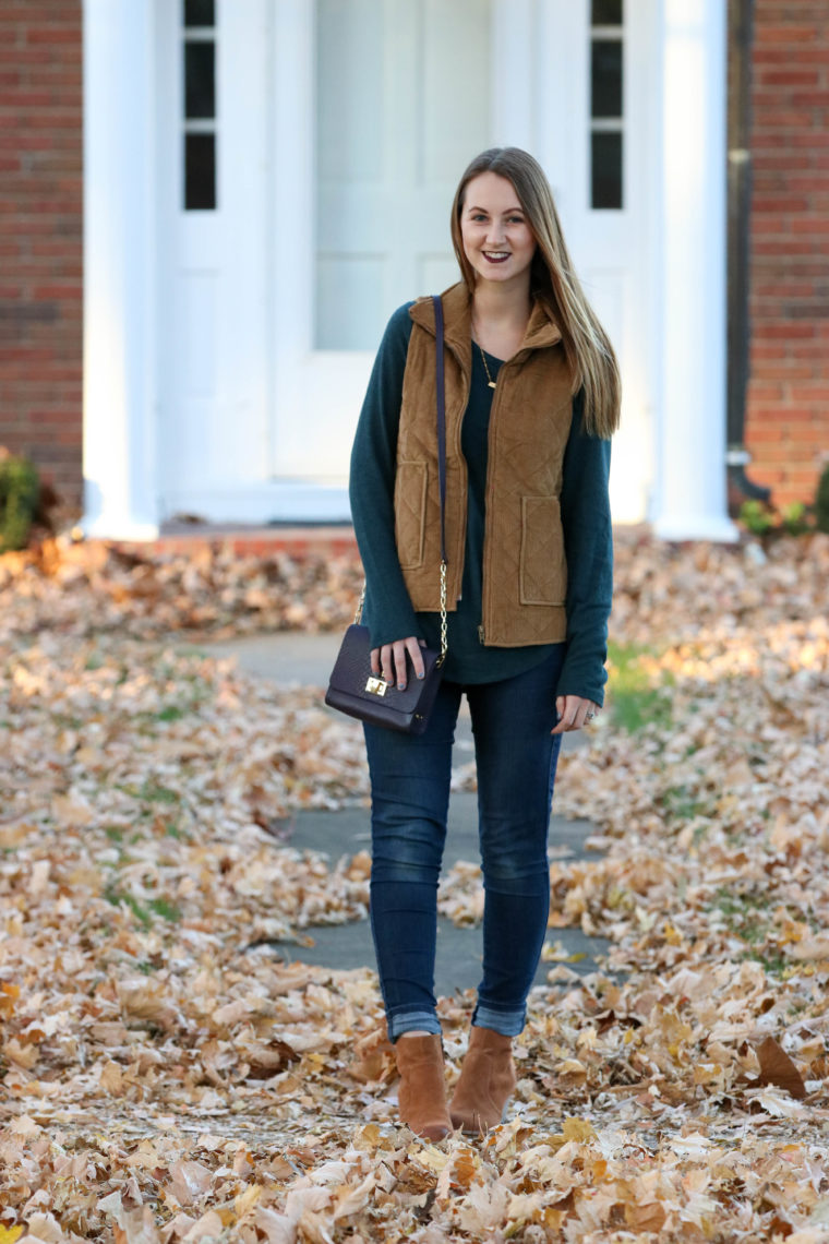 corduroy vest, SIEBoutique, green sweater, brown booties