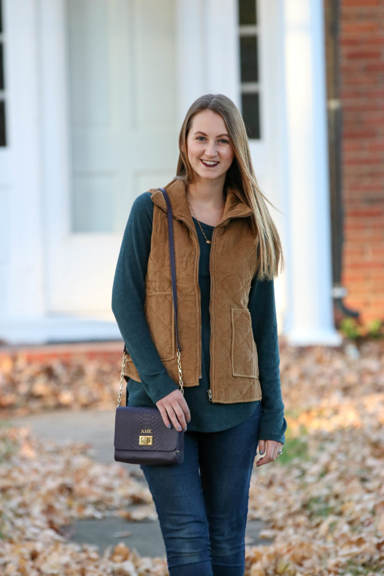 fuzzy sweater, fall look, corduroy vest, burgundy lip gloss