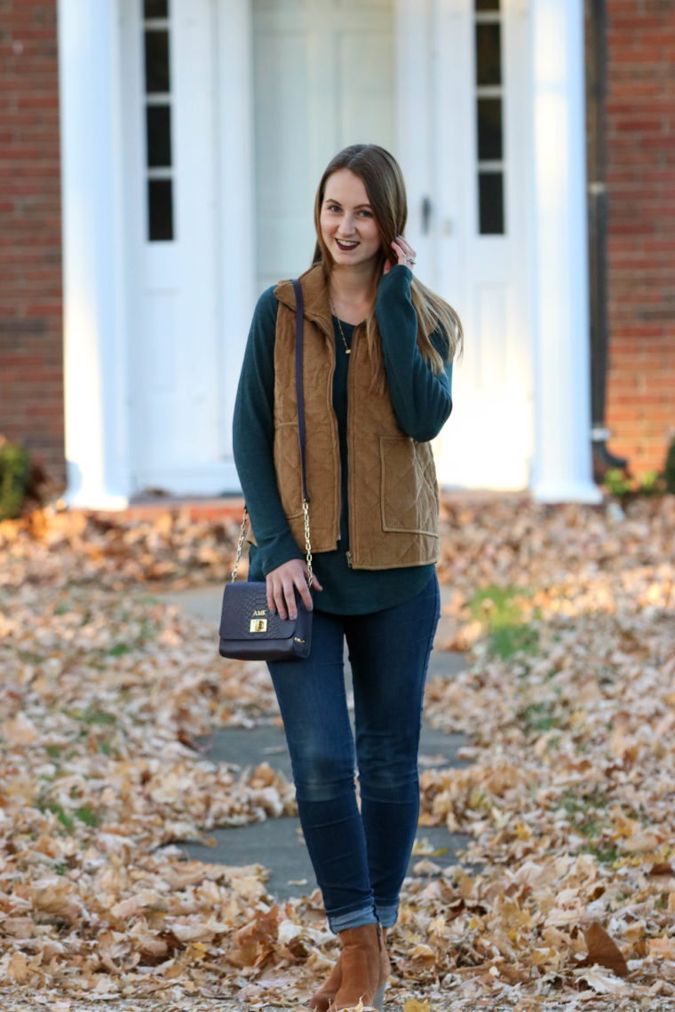 GiGi New York bag, purple bag, corduroy vest, green sweater, fall, fall outfit, fall fashion