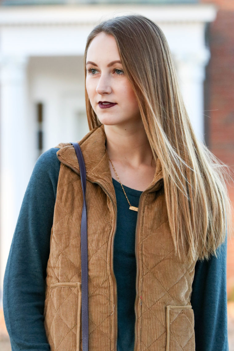 bar necklace, corduroy vest, soft green sweater, fall fashion