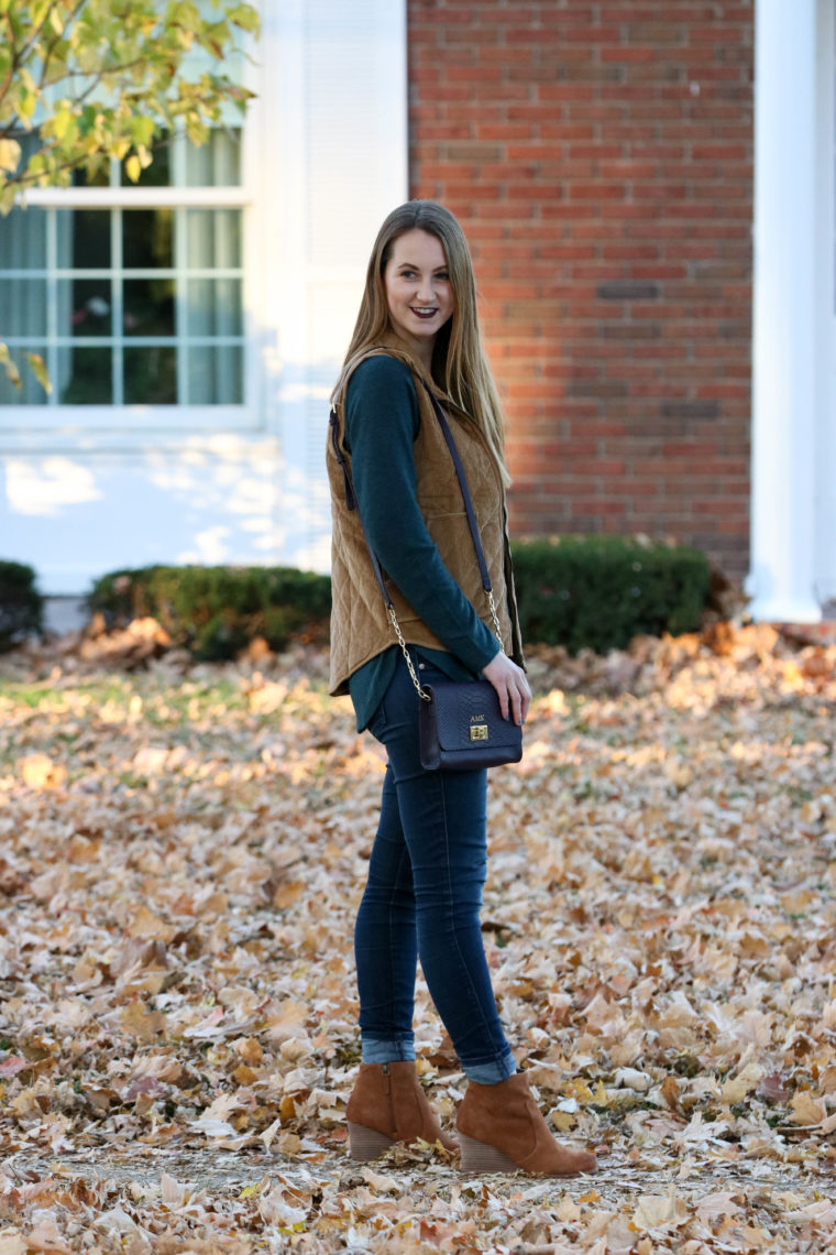 wedge booties, corduroy vest, fuzzy sweater, fall, fall fashion