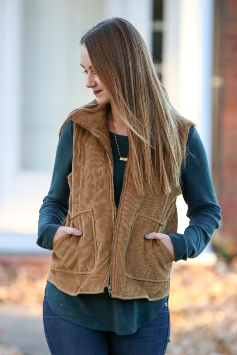 corduroy vest, vest with pockets, emerald sweater, fall fashion, blonde hair