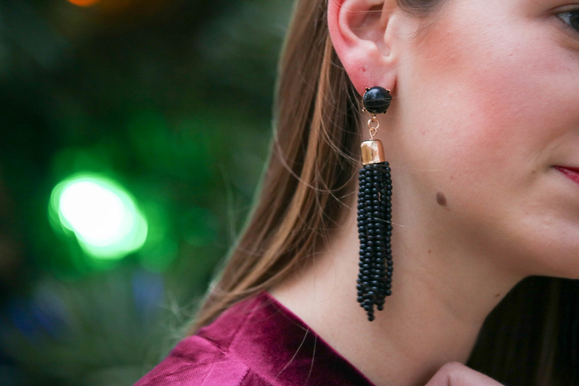 tassel earrings, Purple Peridot, holiday look, velvet