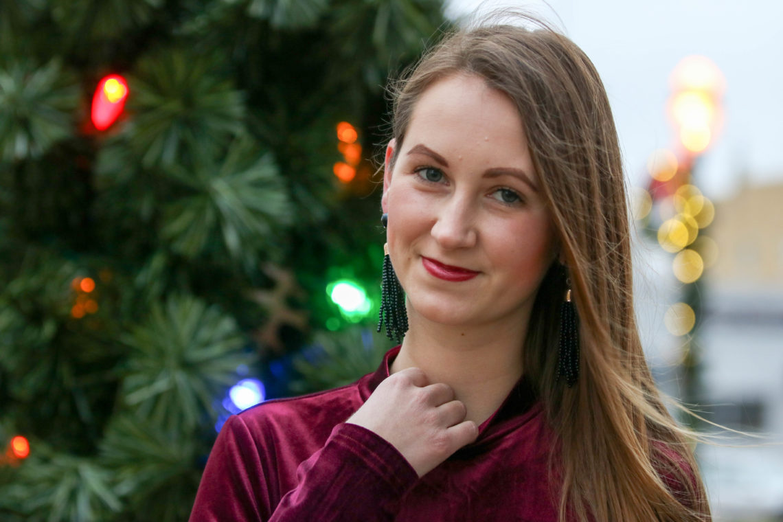 tassel earrings, holiday look, red velvet dress