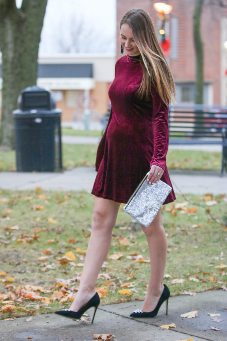 baby bump, holiday look, red velvet dress, sequin clutch, suede pumps