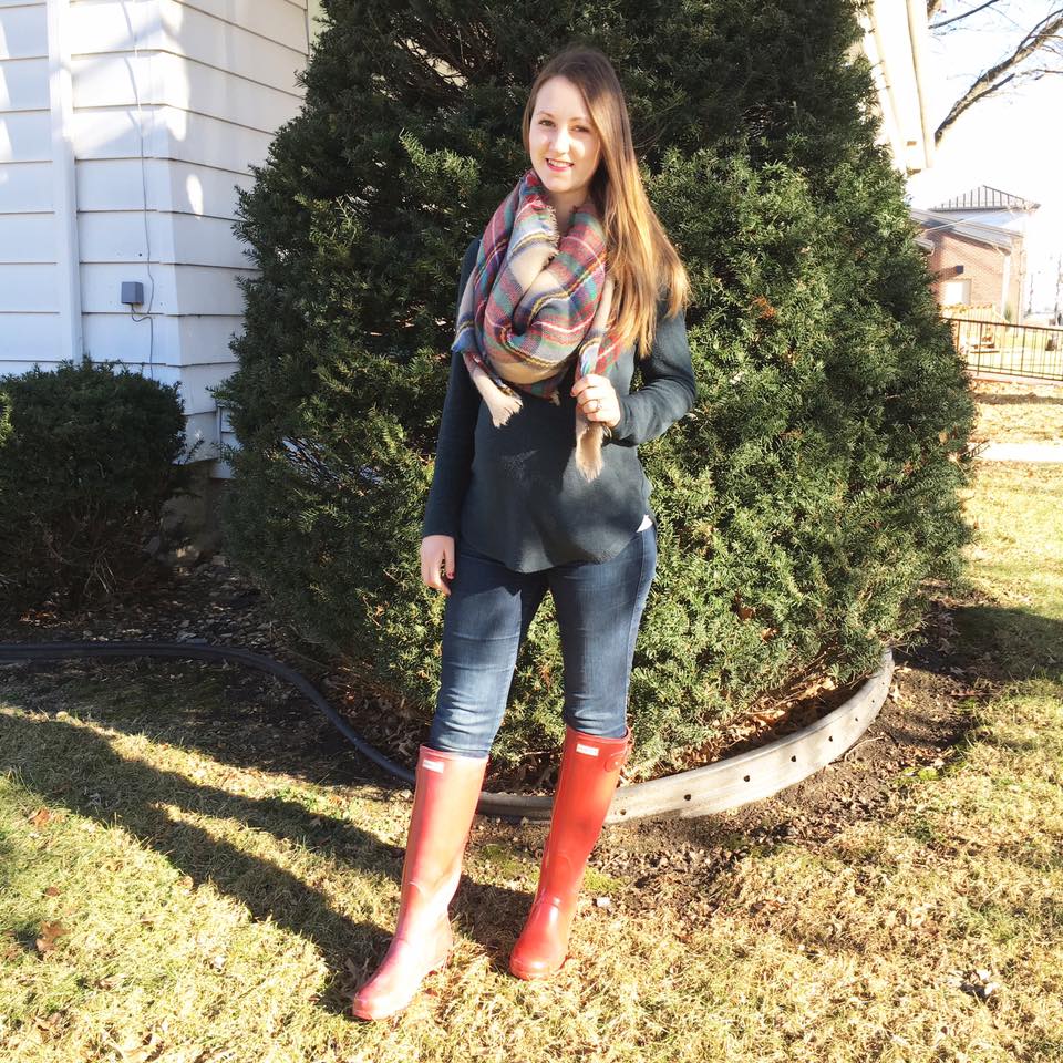 Hunter boots, plaid blanket scarf, holiday outfit