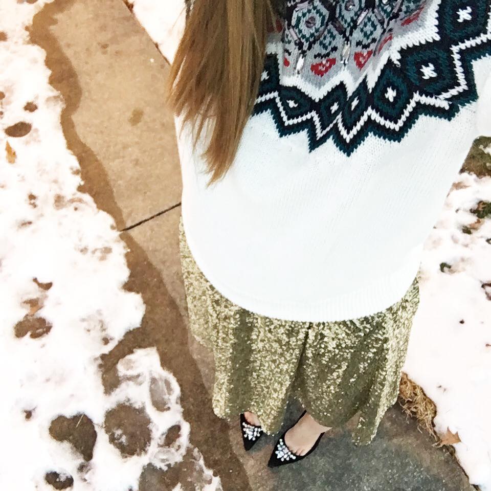 sequin skirt, embellished sweater, holiday outfit, suede pumps
