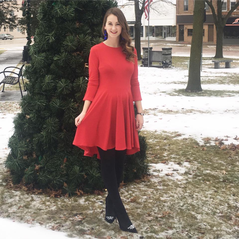 suede pumps, red dress, holiday outfit, statement earrings, Christmas tree