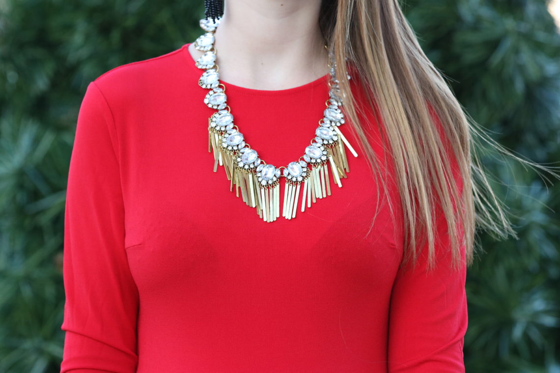 statement necklace, red dress, holiday outfit, Christmas look