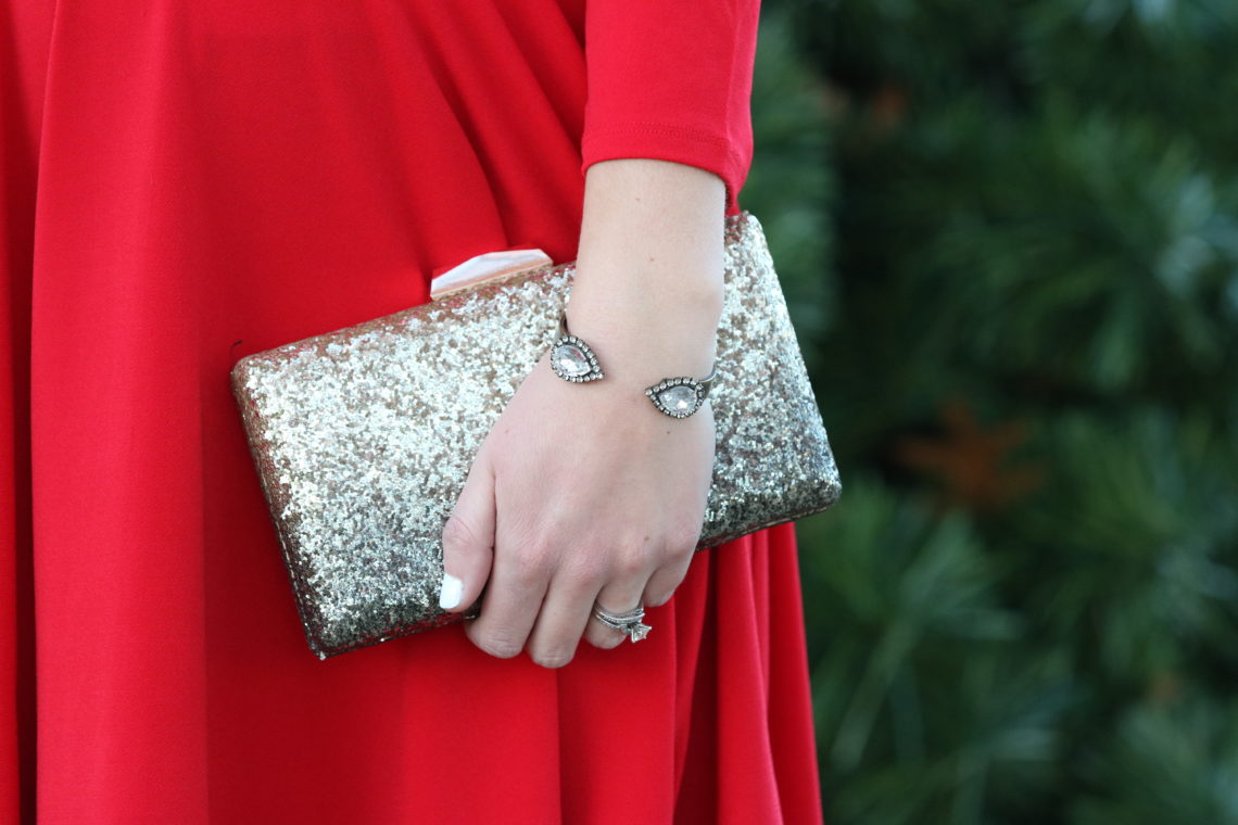 Francescas, glitter clutch, holiday bag. Loren Hope cuff bracelet