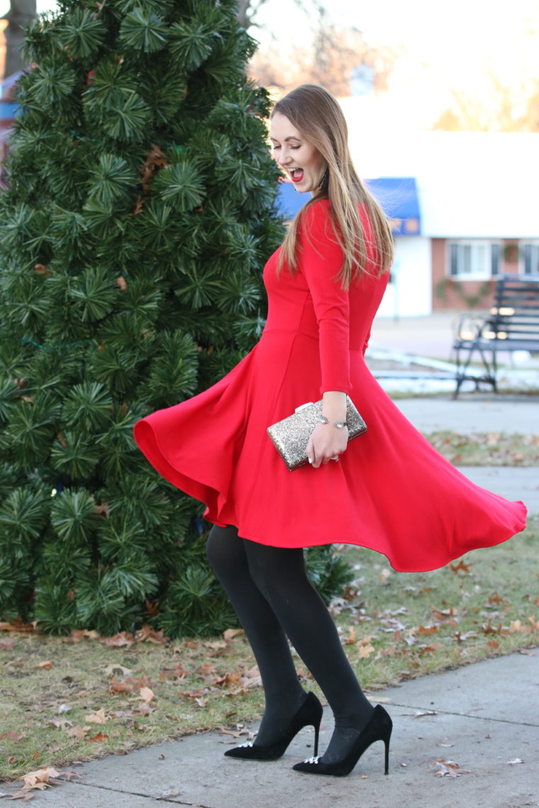 holiday fun, red dress, holiday outfit, suede pumps, tassel earrings, glitter clutch