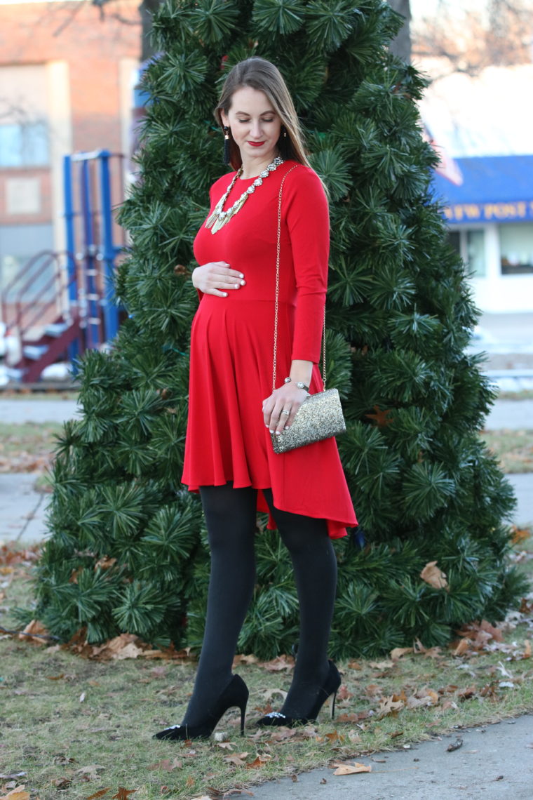 embellished pumps, red dress, holiday look