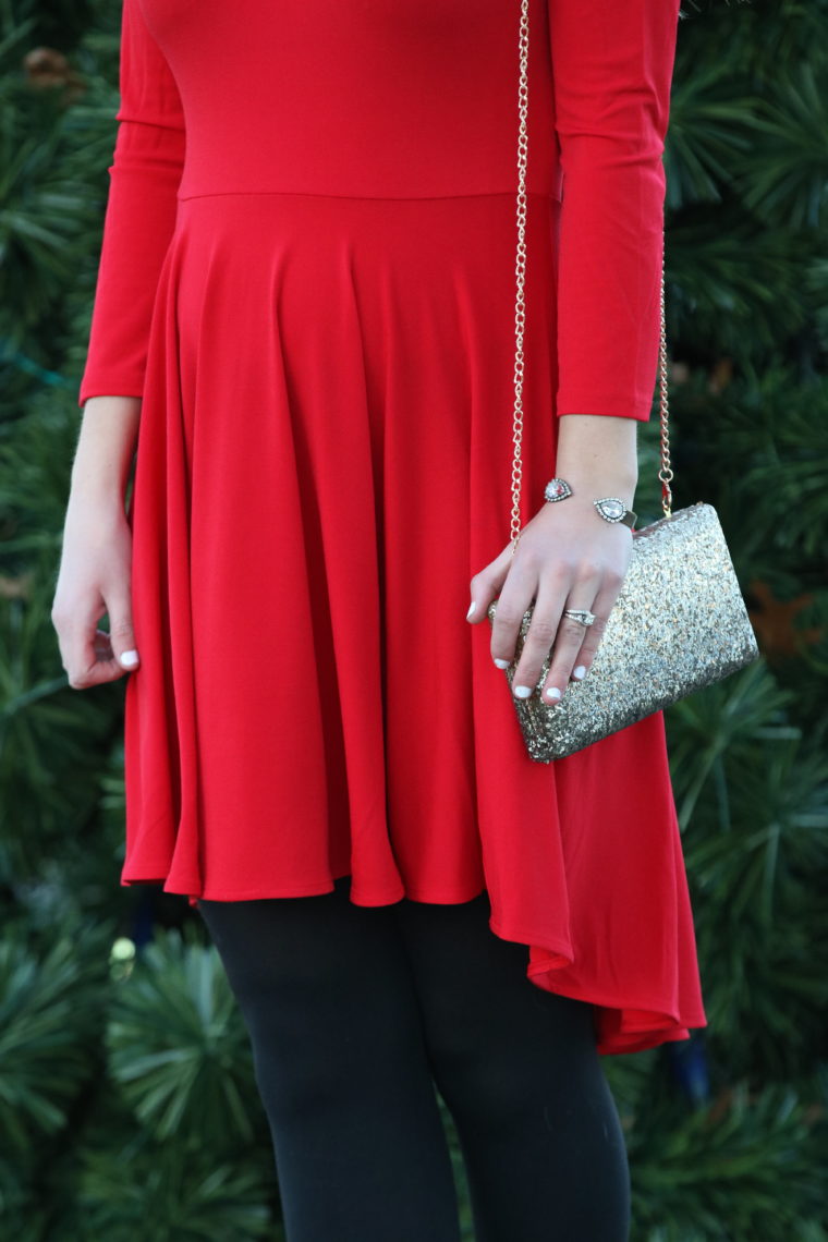 red dress, holiday outfit, glitter clutch, crystal cuff bracelet