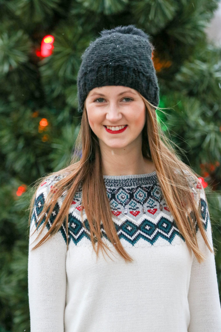 embellished holiday sweater, black beanie, holiday look, red lips