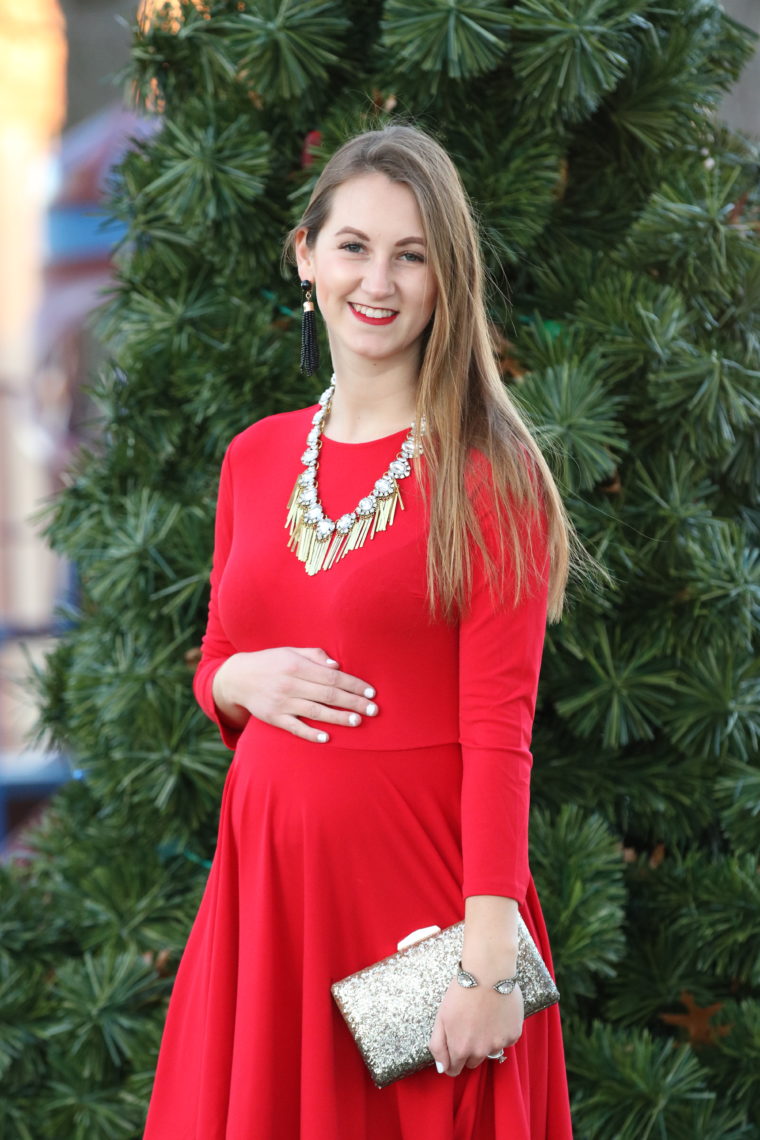 statement necklace, red dress, holiday outfit, tassel earrings