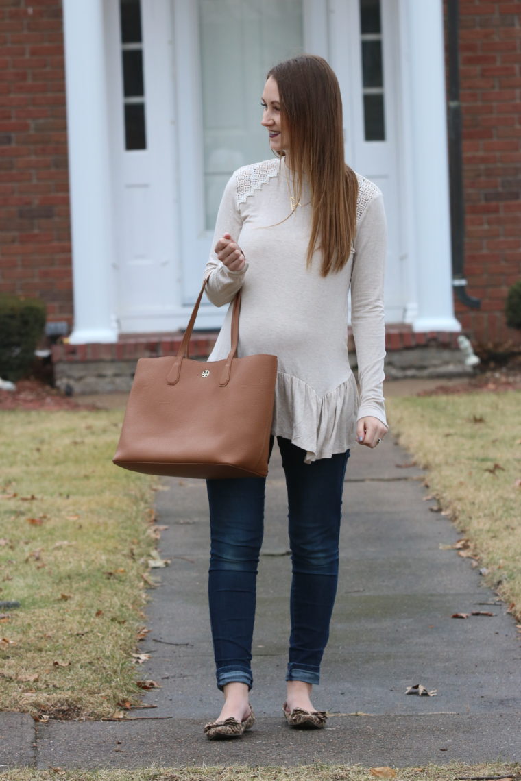 leopard flats, Tory Burch tote, peplum top, mockneck top