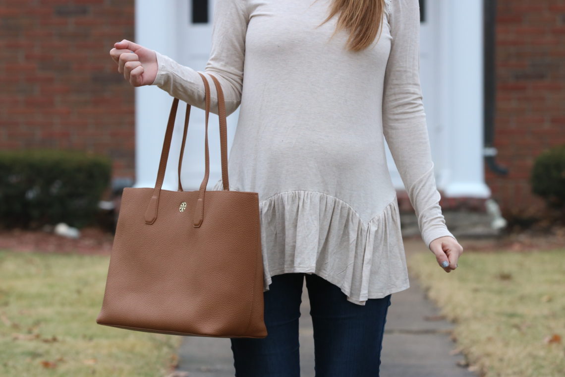 peplum top, oatmeal color, Tory Burch tote