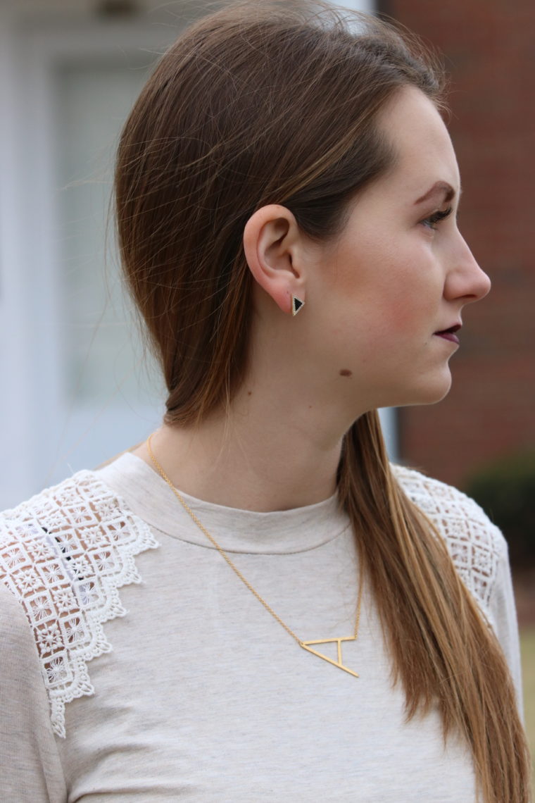 stud earrings, triangle earrings, monogram necklace
