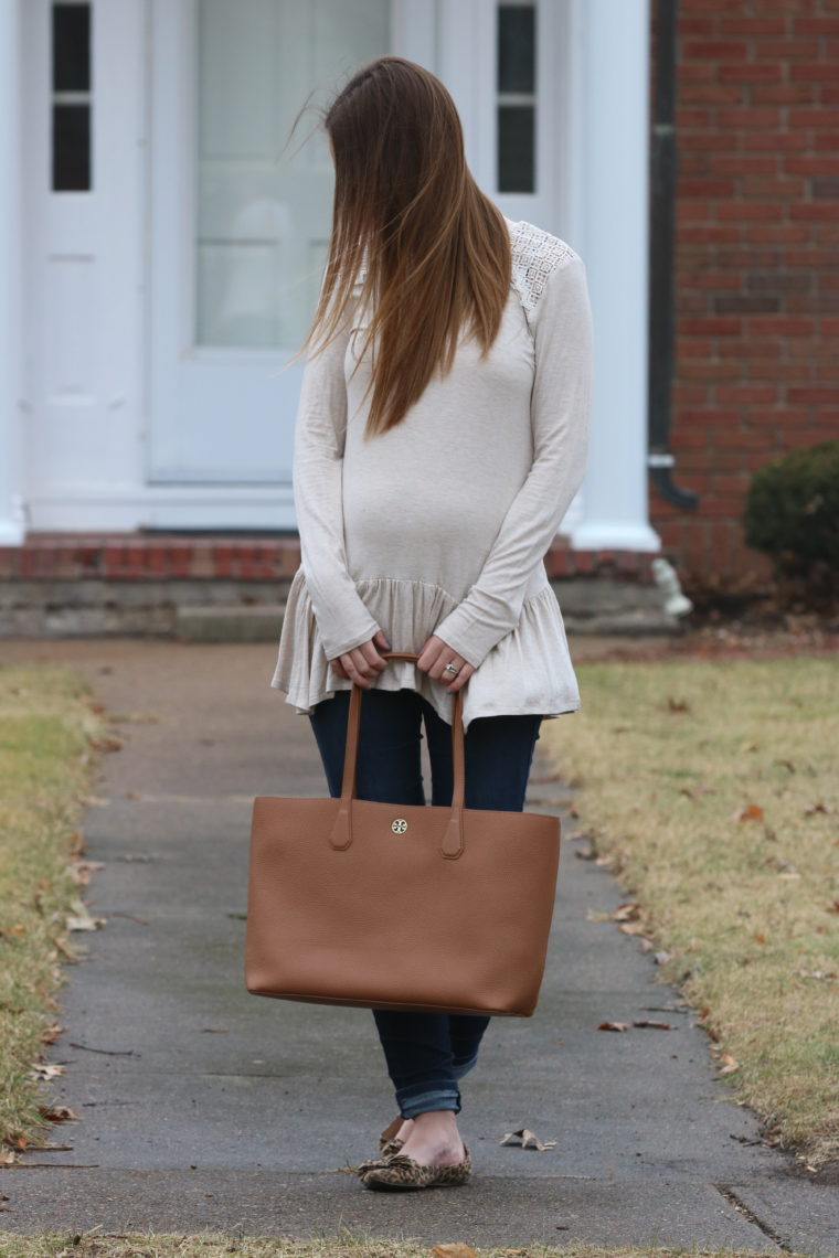 mockneck tunic, peplum top, Tory Burch tote, brown bag