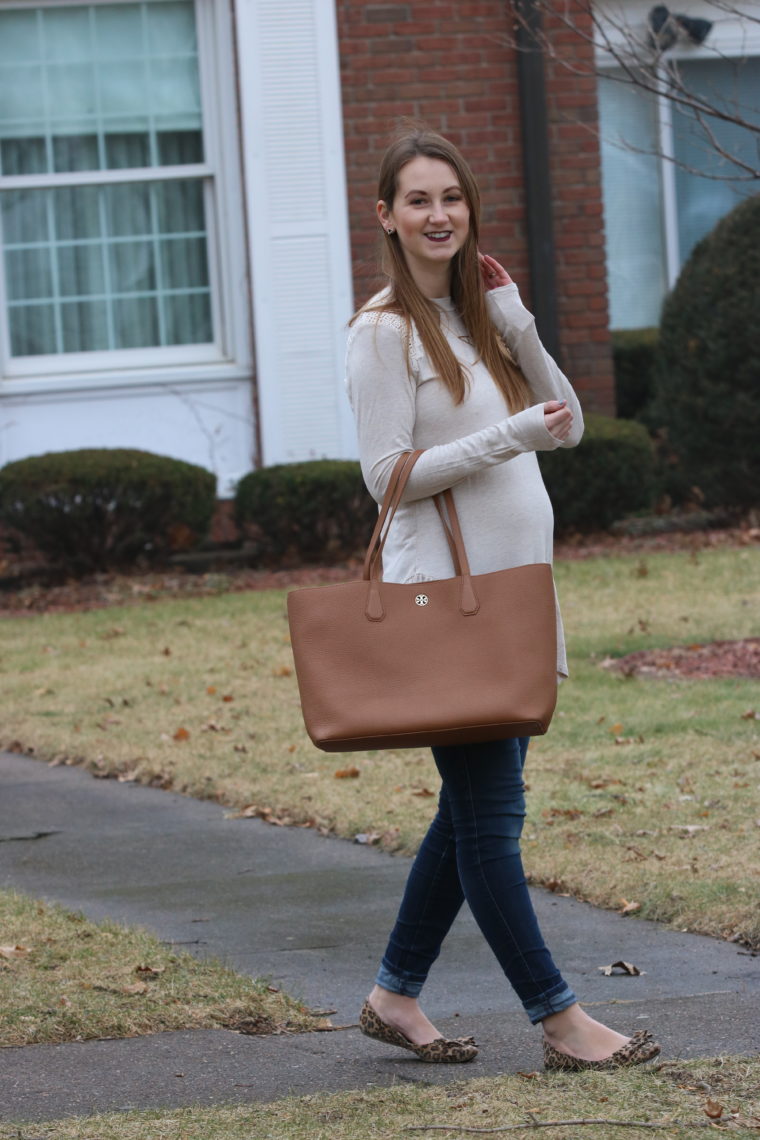 brown tote, peplum tunic 