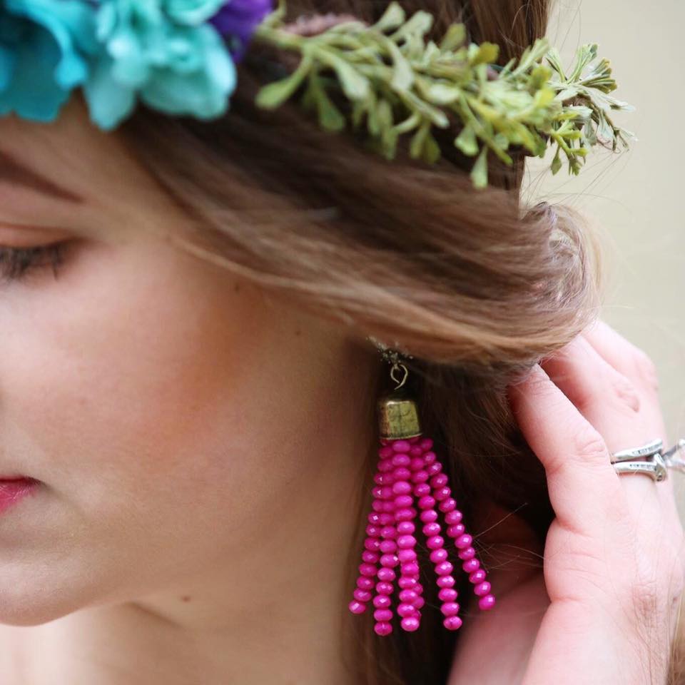 for the love of glitter, tassel earrings, floral crown, jewelry 