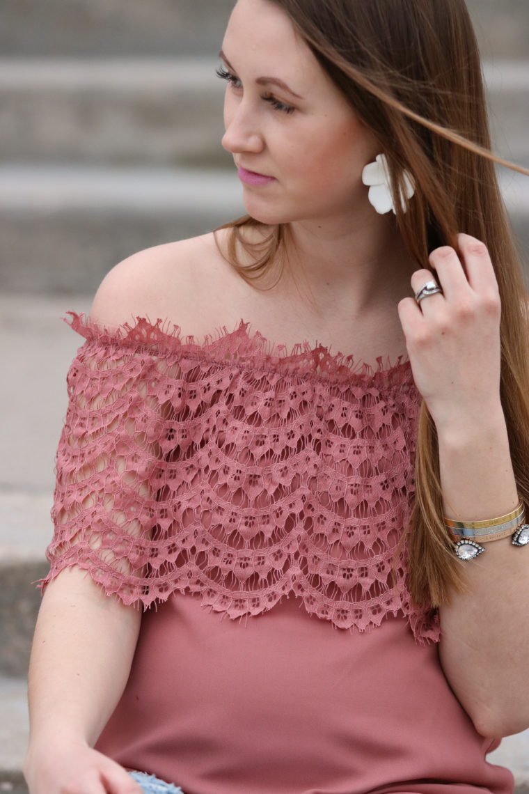 for the love of glitter, women's fashion, lace off the shoulder top, lace, cuff bracelet