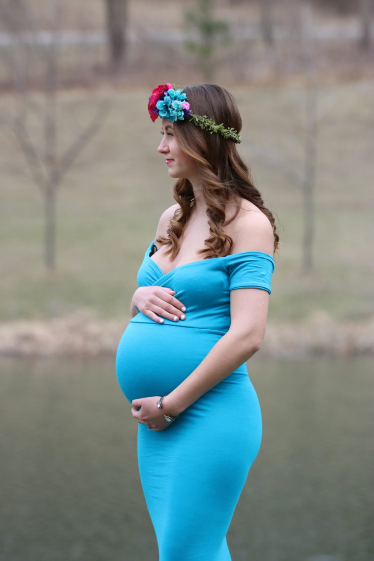 for the love of glitter, floral crown, maternity photos, maternity dress