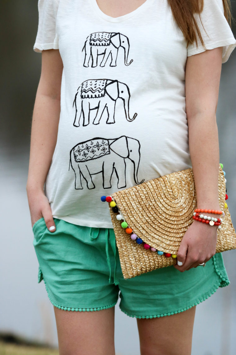 for the love of glitter, women's fashion, elephant tee, pom pom clutch