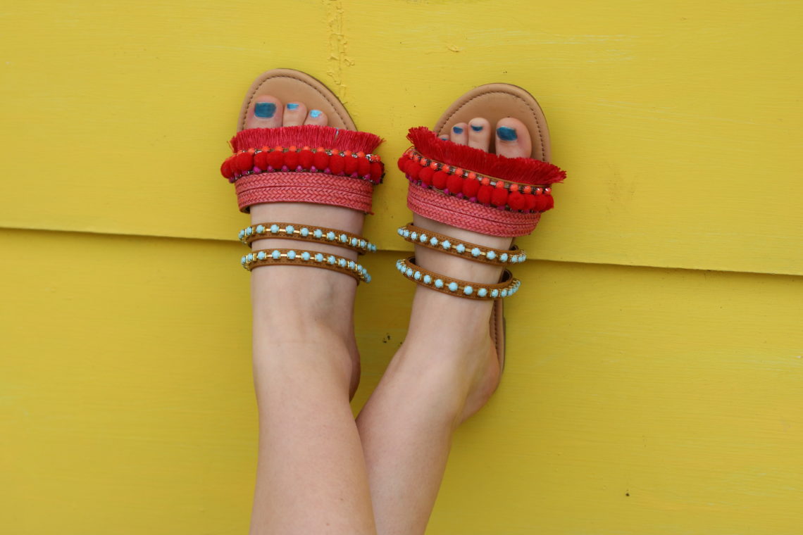 for the love of glitter, sandals, pom pom sandals, summer sandals
