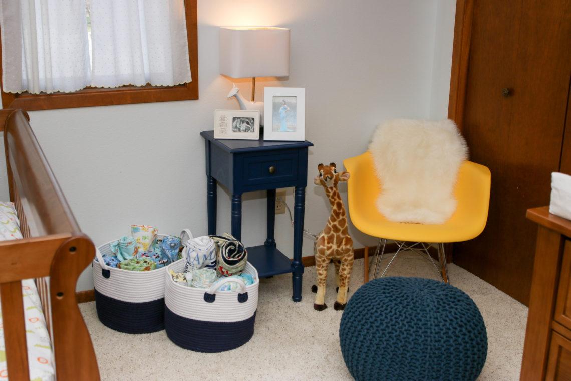 for the love of glitter, safari nursery, yellow rocking chair, blue pouf