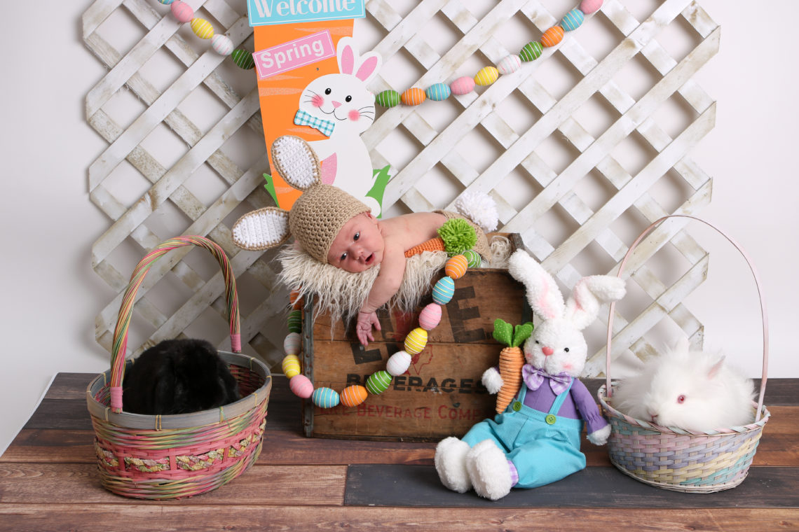 Easter bunny, newborn photos, baby boy, Easter bunny costume, Easter eggs