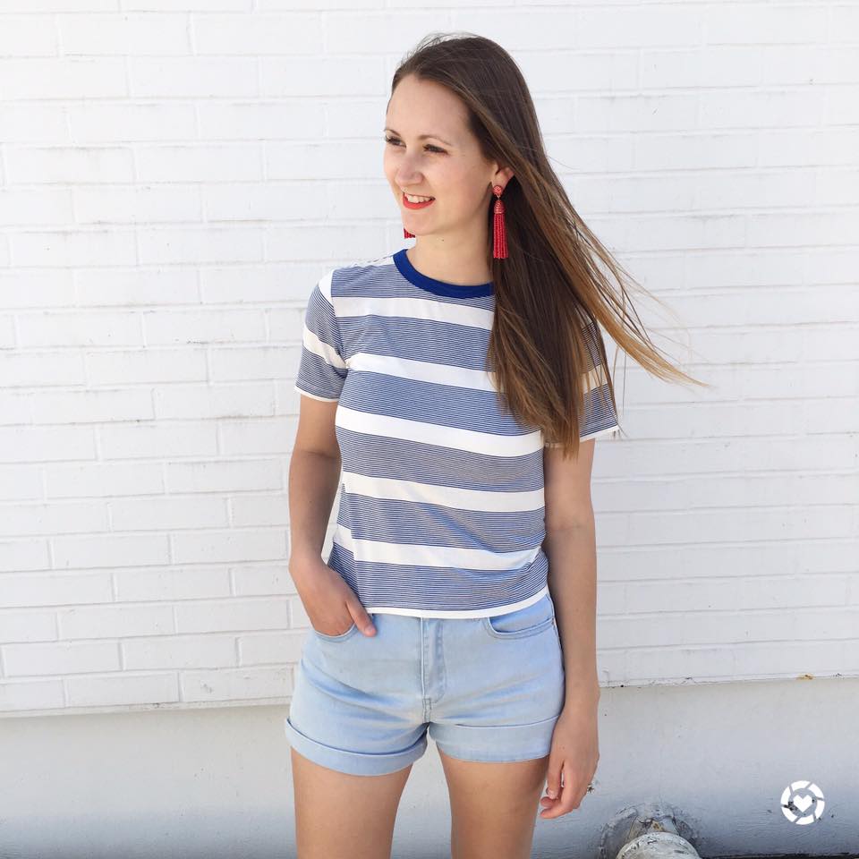 for the love of glitter, stripe tee, tassel earrings, patriotic outfit, women's fashion