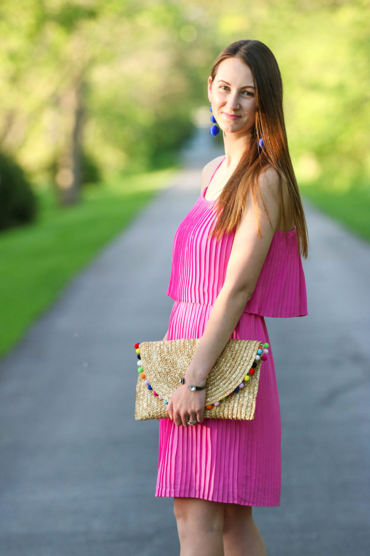 for the love of glitter, pleated dress, pom pom clutch, women's fashion