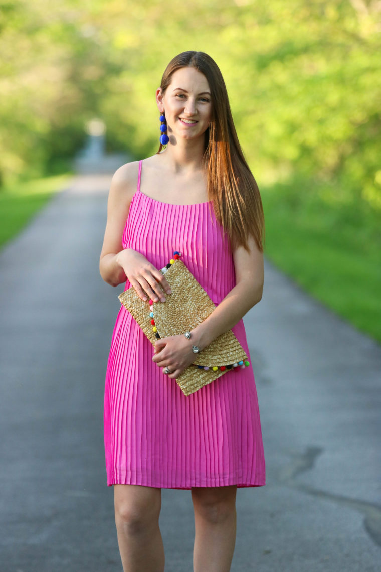 for the love of glitter, pleated dress, pom pom clutch, women's fashion