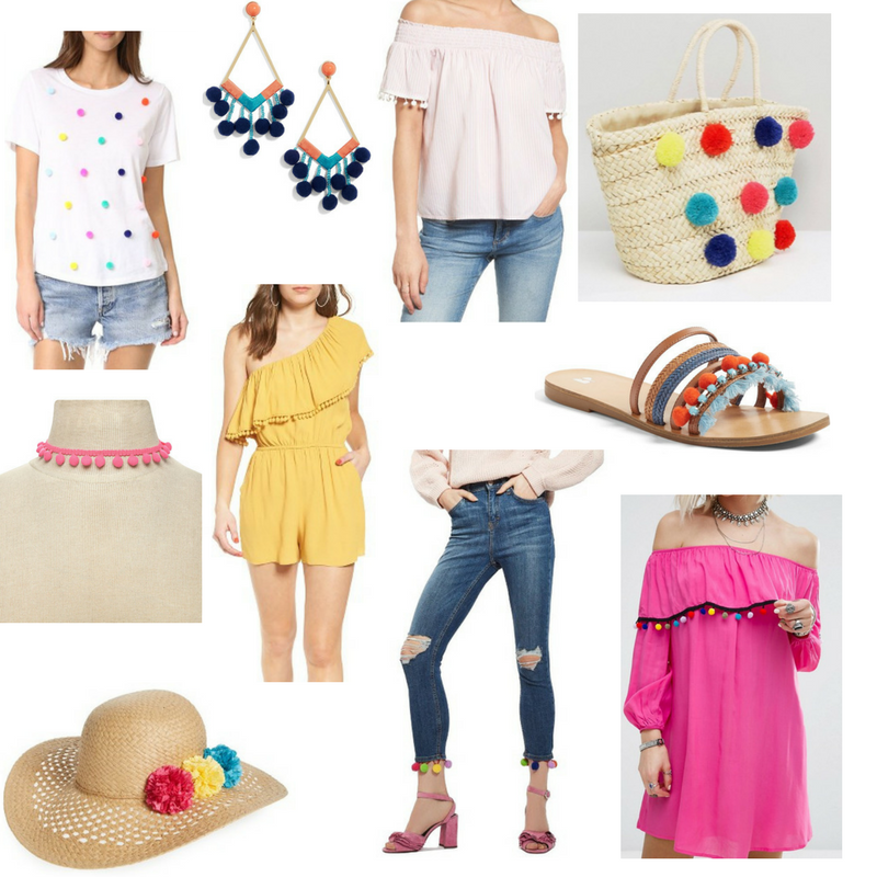 for the love of glitter, pom pom sandals, pom pom hat, pom pom top, pom pom earrings, trending