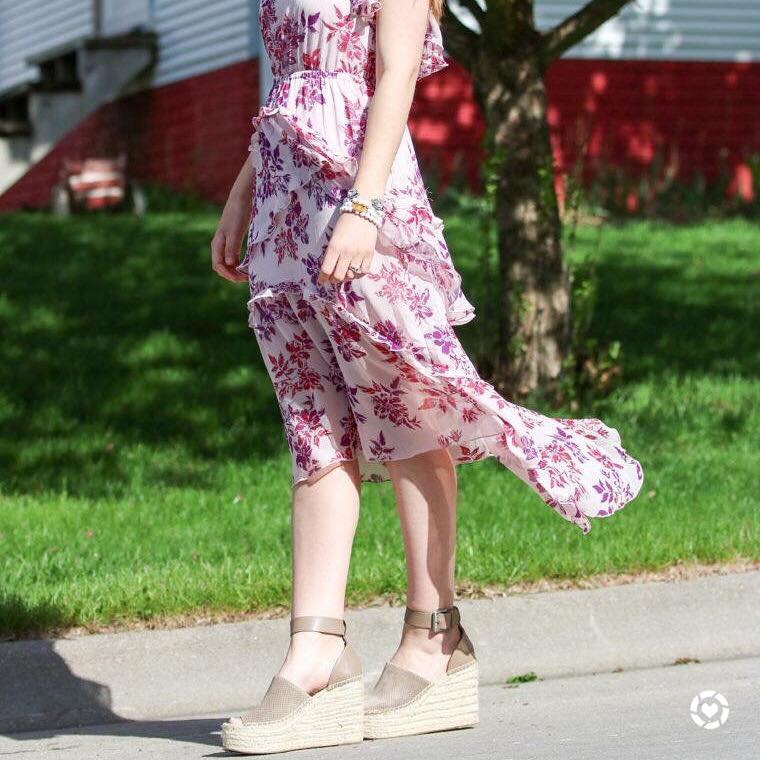 for the love of glitter, halter top dress, floral dress, summer style, Marc Fisher wedges