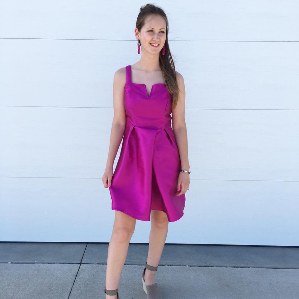 for the love of glitter, fushsia dress, tassel earrings, Marc Fisher wedges