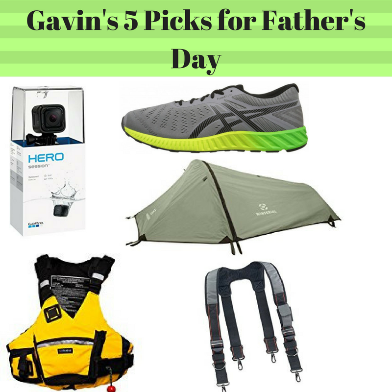 Father's Day gift ideas, go pro, one man tent, walking shoes, suspenders, PDF suit