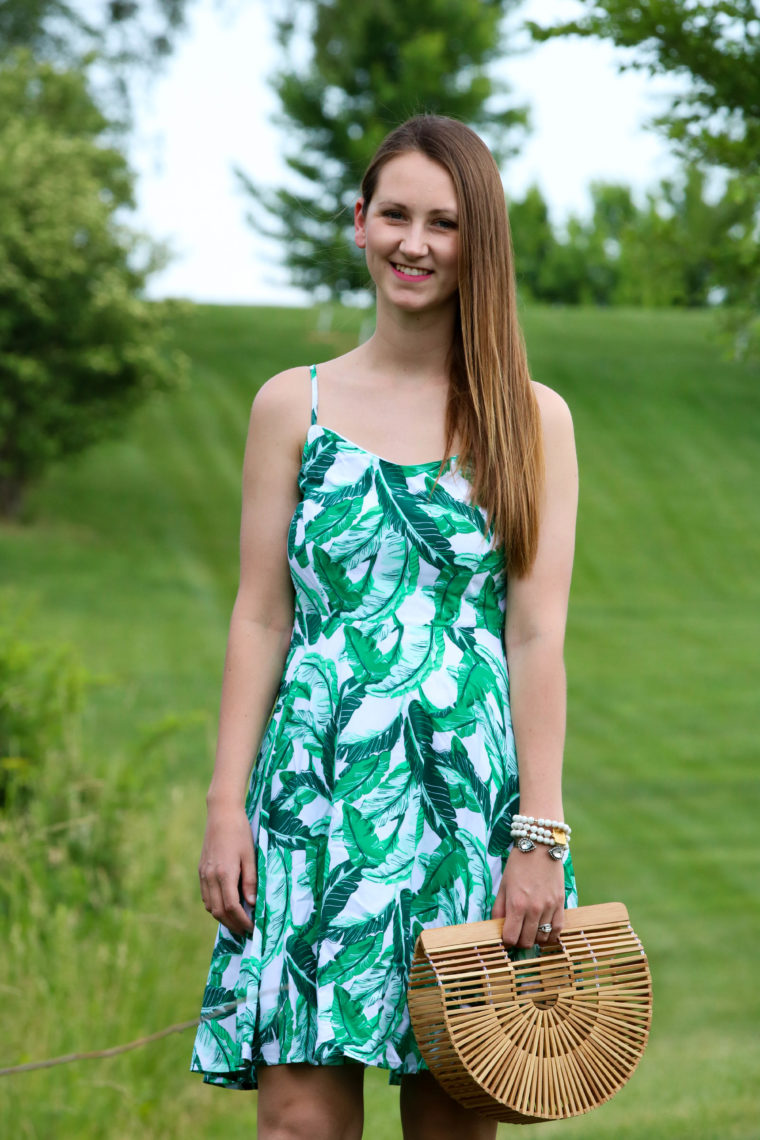for the love of glitter, palm print dress, Cult Gaia bag, summer style, women's fashion