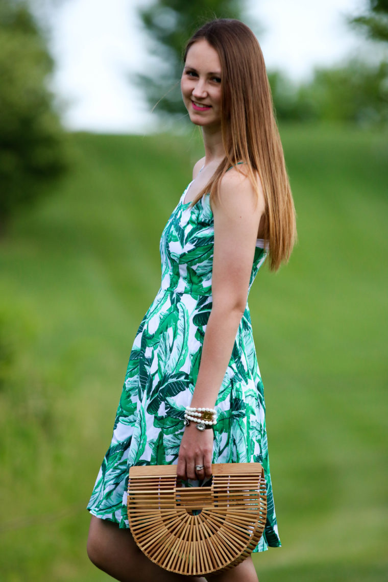 for the love of glitter, palm print dress, Cult Gaia bag, summer style, women's fashion