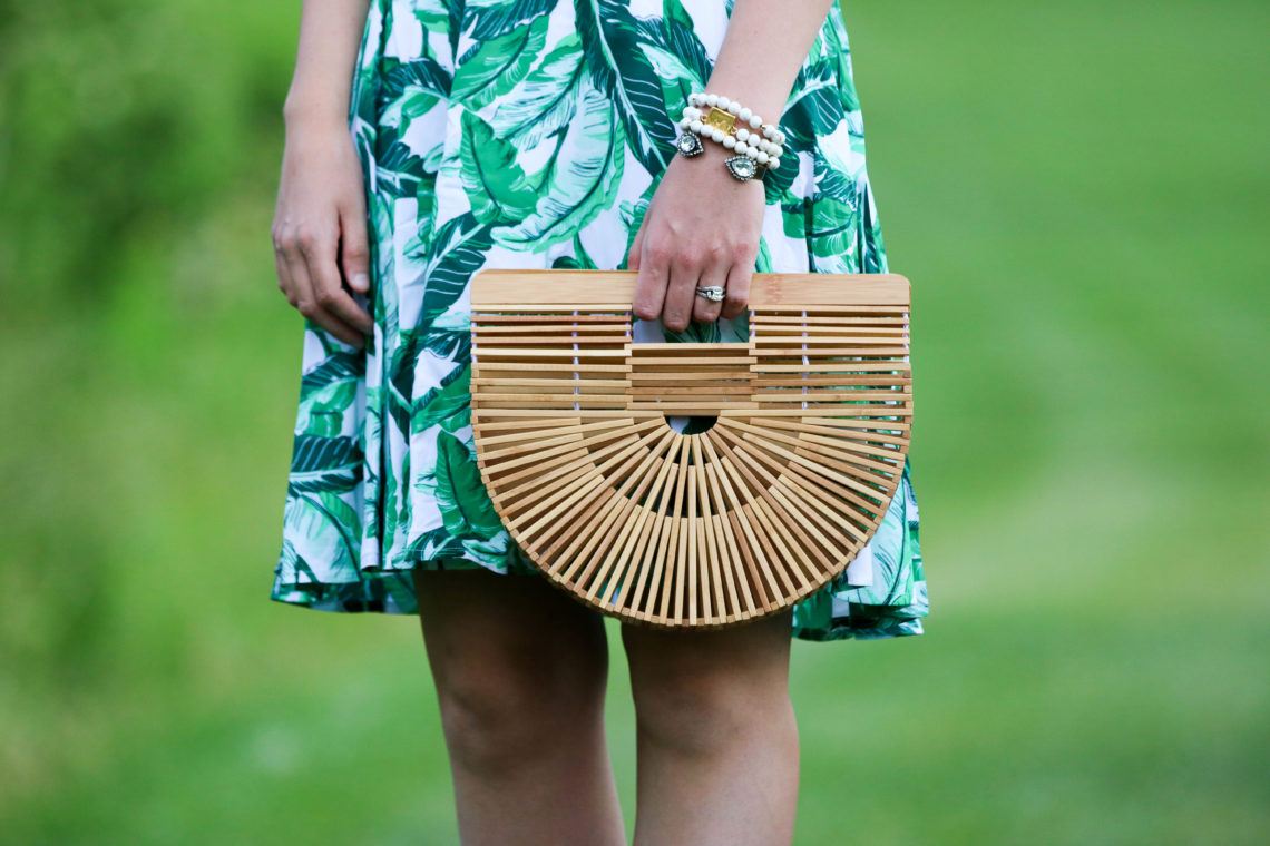 for the love of glitter, bamboo clutch, palm print dress, summer style, women's fashion