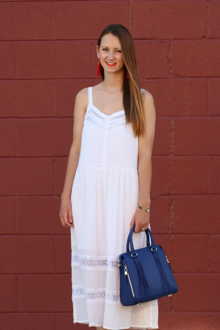 for the love of glitter, white midi dress, 4th of July look. summer style