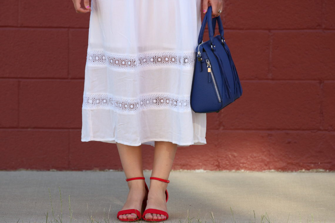 for the love of glitter, eyelet midi dress, red block heels, summer style 