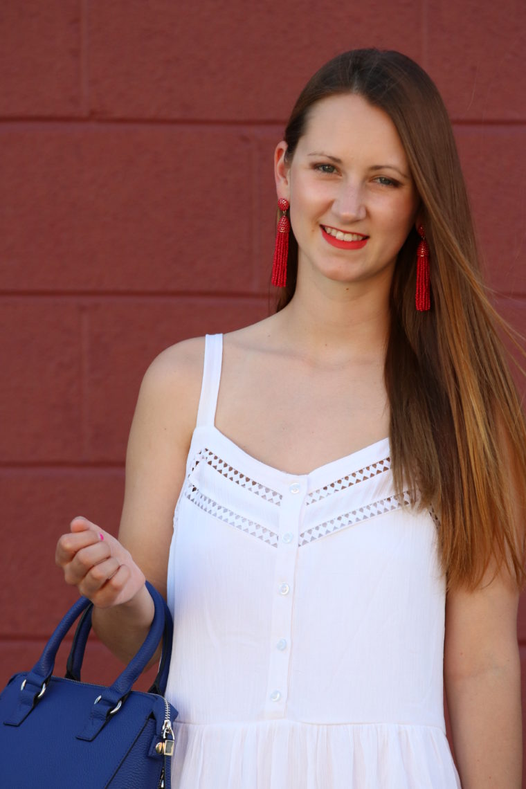 for the love of glitter, tassel earrings, eyelet dress, summer style