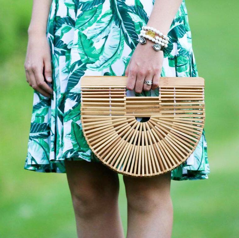 for the love of glitter, Cult Gaia bag, bamboo bag, palm print dress