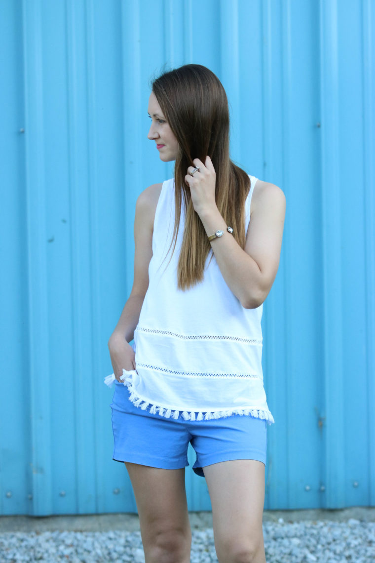 for the love of glitter, white tassel top, blue shorts, summer style